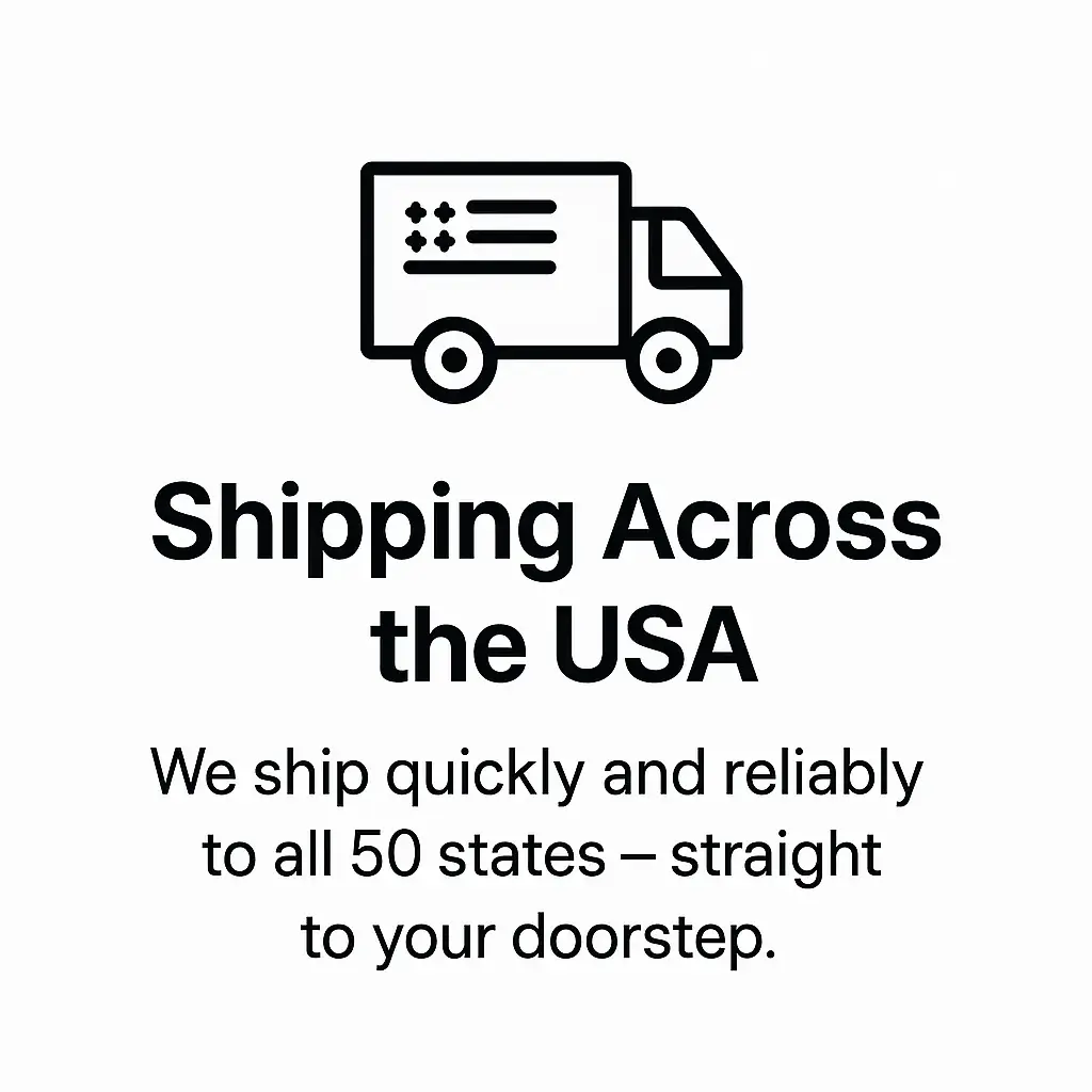 Icon of delivery truck with text 'Shipping Across the USA'